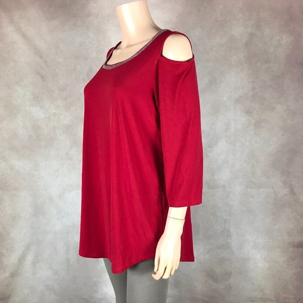 JM COLLECTION Red Cold-Shoulder Studded Knit Top NEW 0X - Picture 9 of 14